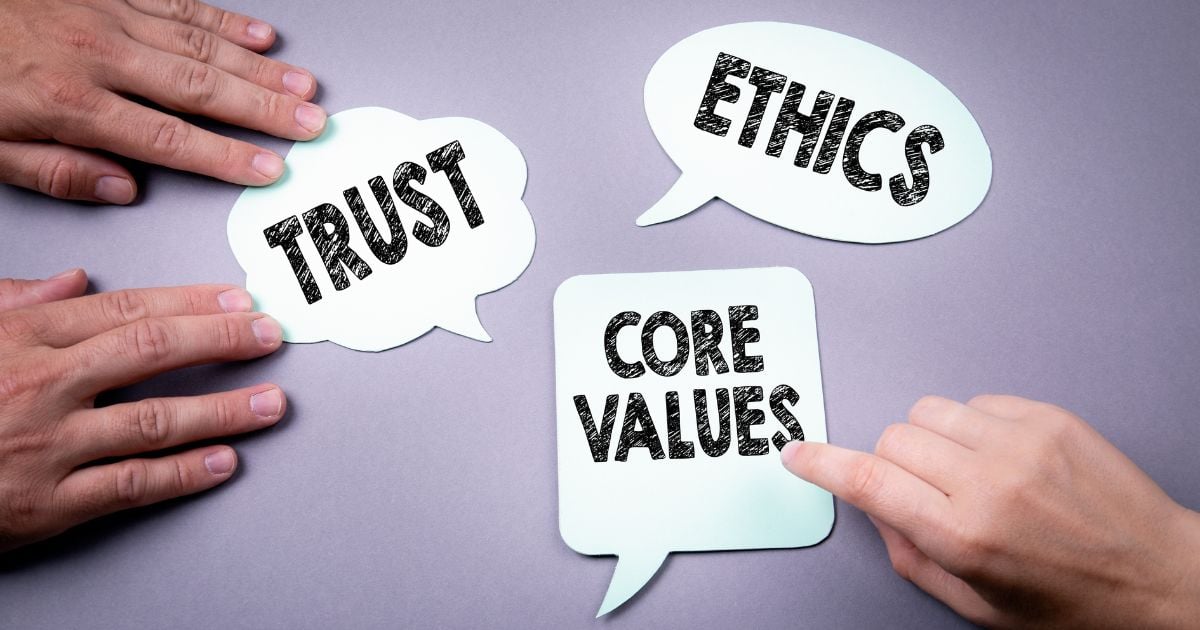 core values, trust, ethics concept. Speech bubble on gray background